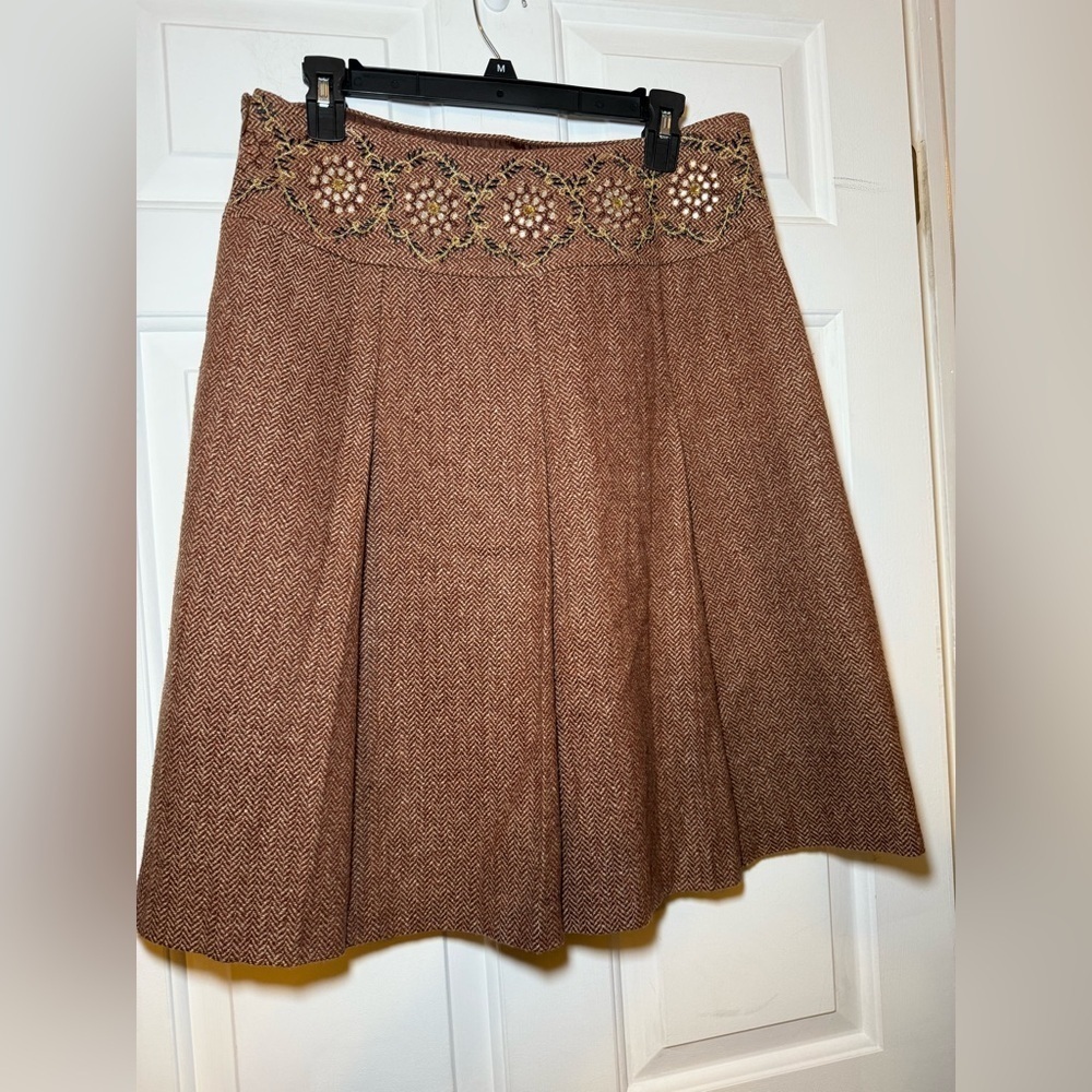 Ann Taylor Loft Rust Tan Herringbone Pleated Wool Skirt Beaded Sz 6 Preppy BOHO